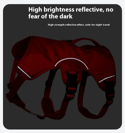 Orange dog harness with reflective trim, black buckles, and a top handle, designed for large dogs. - Image 16