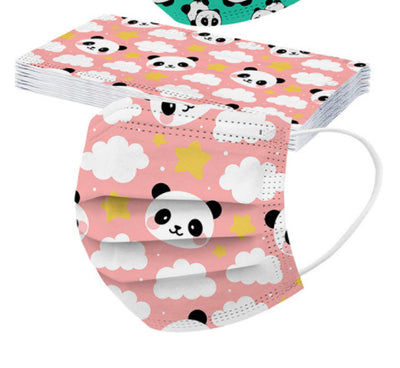 Pink children's protective mask with a cute panda and colorful balloon pattern, featuring white ear loops. - Image 4