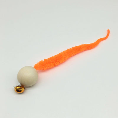 Wooden bead cat toy with a golden bell and a neon yellow fuzzy worm-like attachment on a white background. - Image 6
