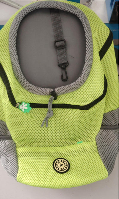 Lime green mesh pet backpack with grey trim, black zipper, and internal leash clip, shown from the front. - Image 23