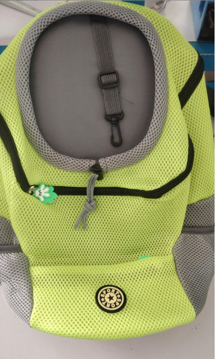 Lime green mesh pet backpack with grey trim, black zipper, and internal leash clip, shown from the front. - Image 23
