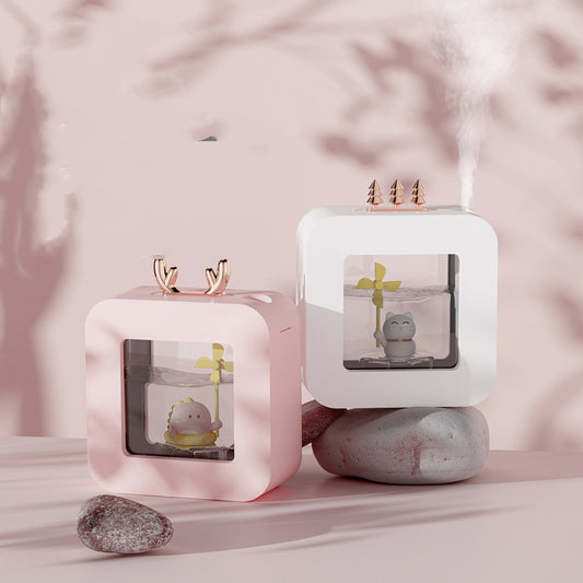 Cute pink dinosaur cubic humidifier with rose gold deer antlers and a yellow pinwheel, ideal for a child's room. - Image 2