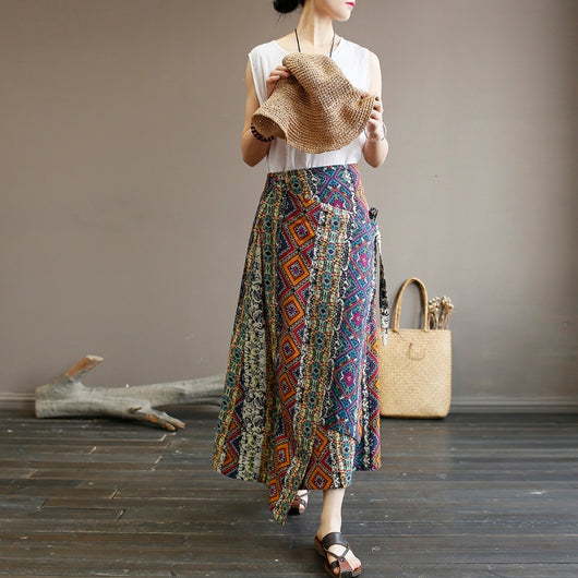 Falda Larga de Lino y Algodón con Estampado Retro - Corte A Irregular Talla Grande - Image 12