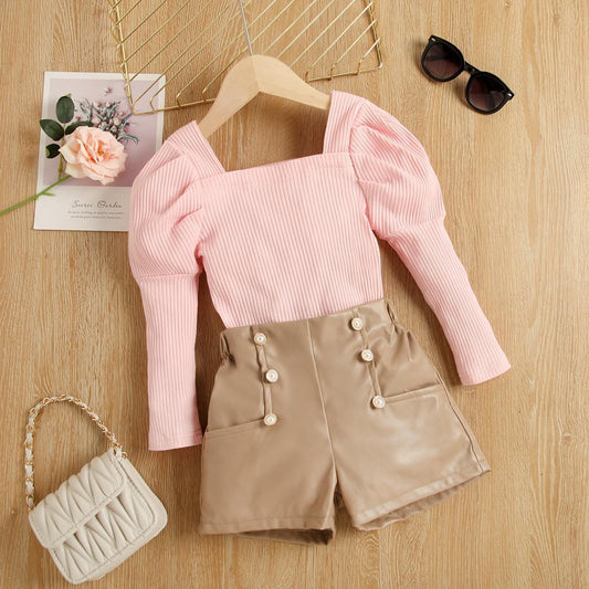 Conjunto Infantil: Top de Manga Larga con Rayas y Pantalones de Cuero Café Claro