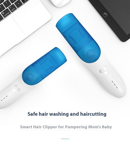 White and blue electric hair clipper with a transparent blue hair disposal compartment, shown with text highlighting its easy-clean feature. - Image 8