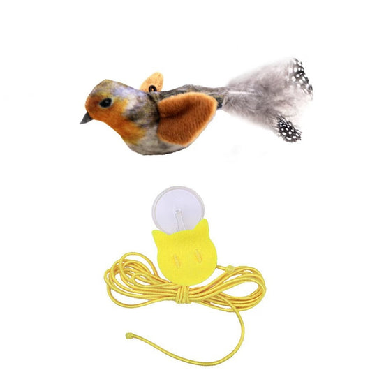 Plush bird cat toy with orange chest, brown body, and real speckled feathers, includes a yellow hanging rope. - Image 5