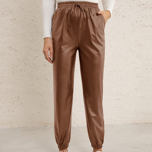 Pantalones de Cuero PU para Mujer con Cintura Elástica Versátil - Image 2