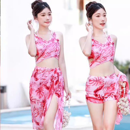 Women's light blue tropical leaf print three-piece swimsuit with short sleeve bikini top, bottoms, and sarong skirt. - Image 16