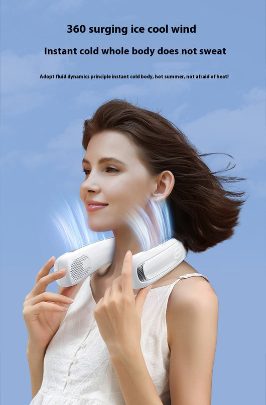 Light blue U-shaped neck fan with a digital display showing 100% charge and multiple air vents. - Image 13