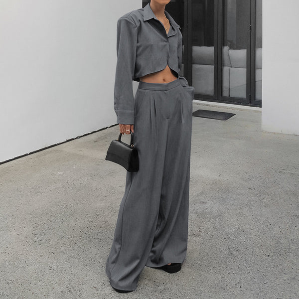 Conjunto de Pantalón Ancho y Blusa Gris de Manga Larga Cintura Alta Efecto Reductor