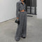 Conjunto de Pantalón Ancho y Blusa Gris de Manga Larga Cintura Alta Efecto Reductor