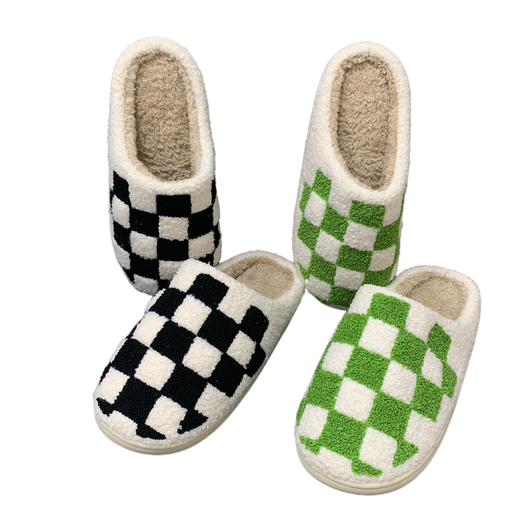 Pantuflas Cálidas Cuadros Negro Verde Antideslizantes Algodón