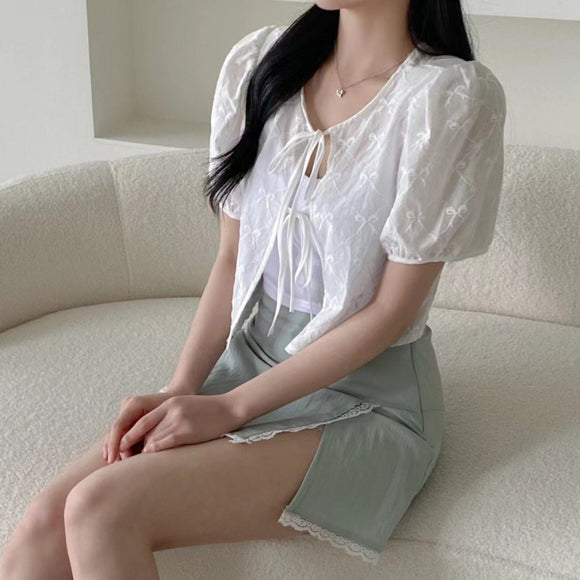 Blusa Tejida con Cordones - Manga Corta Elegante