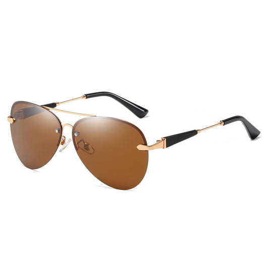 Classic rimless aviator sunglasses with black metal frames and dark black-gray polarized lenses on a white background. - Image 5