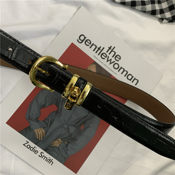 Cinturón de Cuero Premium Oro Antiguo con Patrón de Cerradura