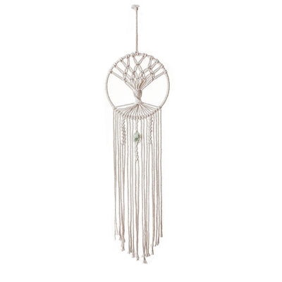 Handmade macrame dream catcher with a tree of life design, natural cotton rope, and a light green stone accent. - Image 10