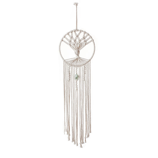 Handmade macrame dream catcher with a tree of life design, natural cotton rope, and a light green stone accent. - Image 10