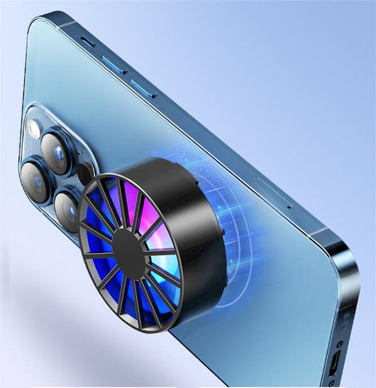 White magnetic phone cooler with blue and pink RGB lights, attached to a silver smartphone, against an icy blue background. - Image 8
