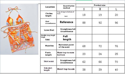 Women's three-piece swimsuit with orange, yellow, and blue abstract swirl pattern. Includes a triangle bikini top, tie-side bottom, and matching ruched sarong s - Image 7