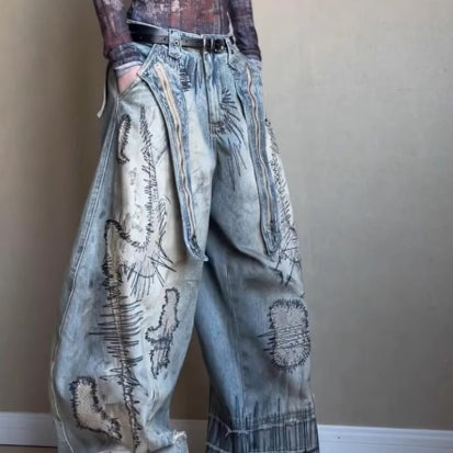 Jeans Talla Grande para Hombre con Bordado de Aguja Aleatoria y Detalles Manchados - Image 11