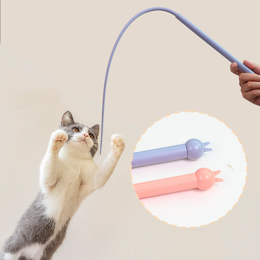 Blue silicone replaceable cat playing rod, 77cm long, with a flexible tip for interactive pet play.