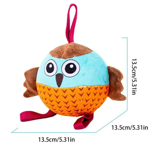 Plush owl dog chew toy in blue, brown, and orange with a chevron pattern, featuring a hanging loop. Measures 13.5cm. - Image 2