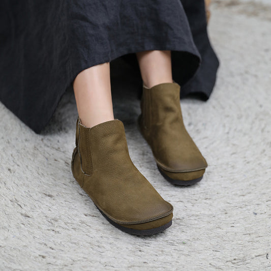 Botas de Cuero Genuino con Punta Redonda y Elástico Lateral