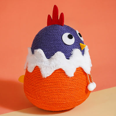 Purple and orange cotton rope cat toy shaped like a chick hatching from an egg with white faux fur trim. - Image 10