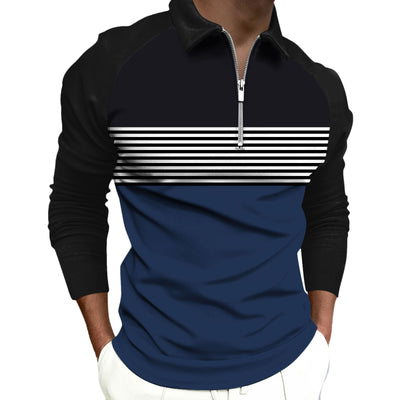 Polo Raglan de Rayas Negras con Cierre y Cuello Solapa Manga Larga para Hombre - Image 8