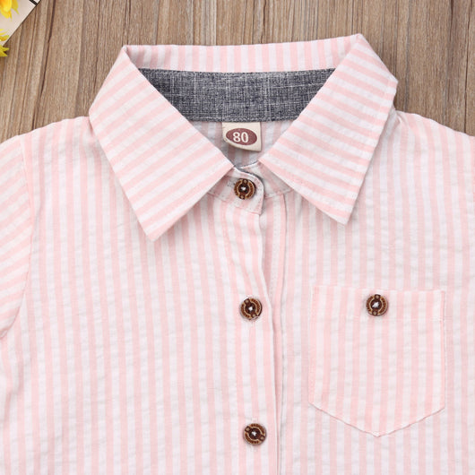 Conjunto Infantil de Camisa y Pantalones Cortos a Rayas con Cuello Solapa - Image 9