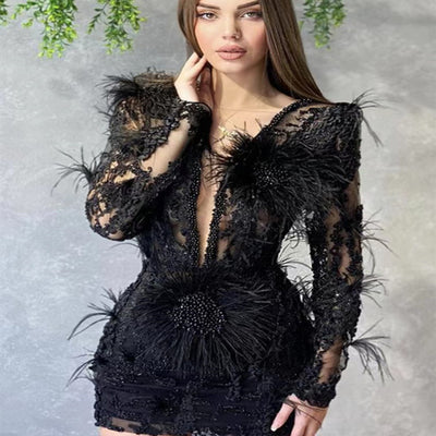 Vestido Casual de Malla con Lentejuelas y Plumas de Manga Larga