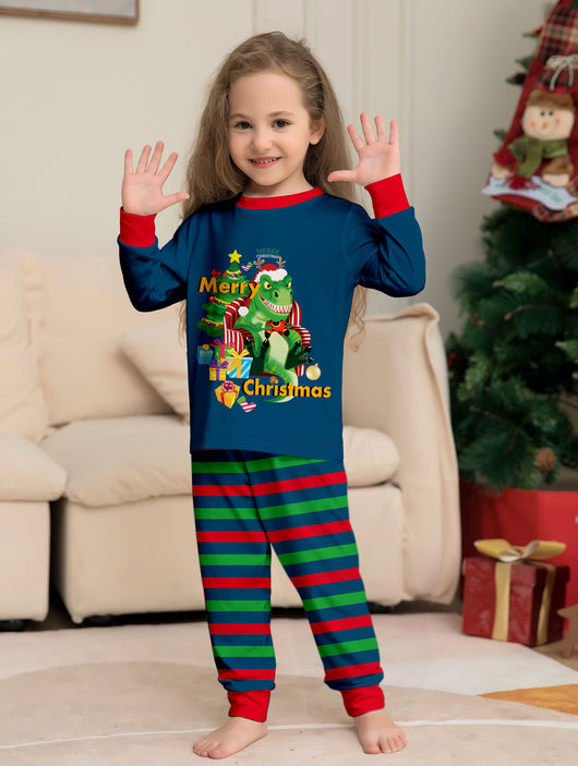Child's blue long-sleeve Christmas pajamas with a dinosaur graphic and red and green striped pants. - Image 12