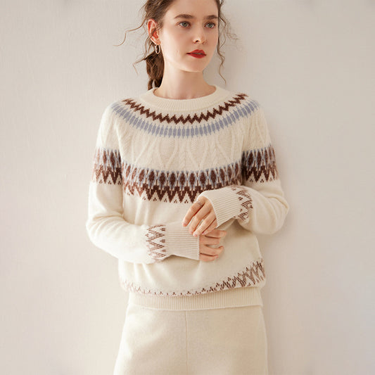 Suéter de Cachemira Jacquard con Contraste Azul y Blanco