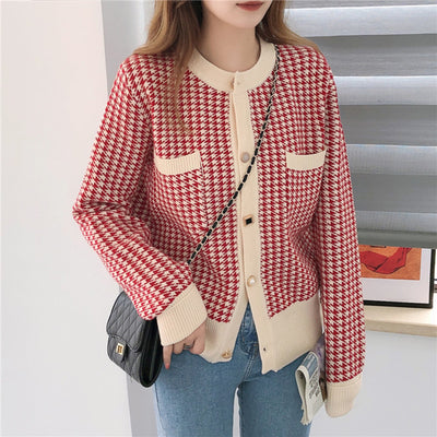 Cardigan Houndstooth Coreano Suelto Cuello Redondo Aroma Delicado - Image 7
