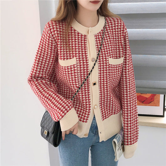 Cardigan Houndstooth Coreano Suelto Cuello Redondo Aroma Delicado - Image 7