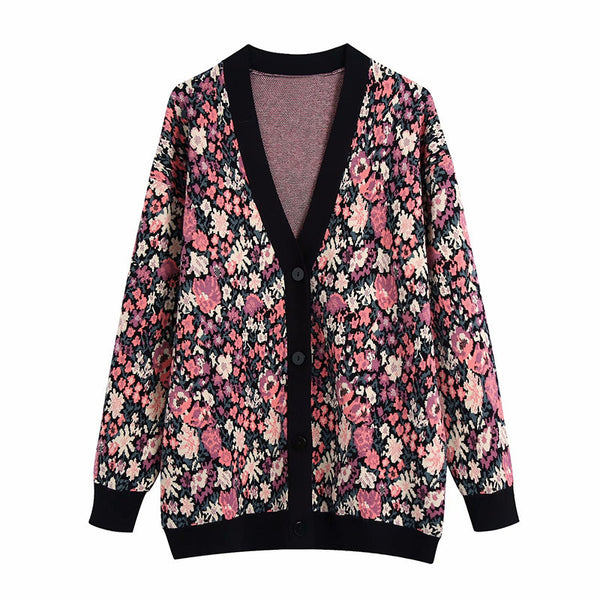 Cardigan de Punto Jacquard Floral con Personalidad para Mujer