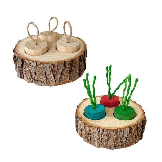 Wooden pet foraging snack box with three colorful pegs (blue, red, green) and green string 'stems' for rabbits and guinea pigs. - Image 5