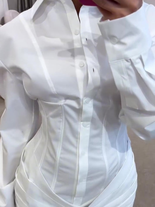 Vestido Camisero Blanco con Pliegues y Manga Larga - Image 4