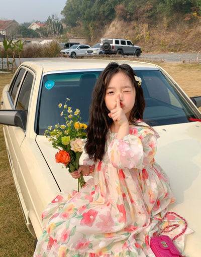 Vestido Infantil de Gasa Floral Manga Larga para Fiestas - Image 10