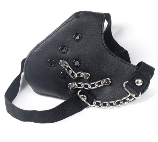Black leather half-face mask with brass chains, spikes, and gear accents, featuring adjustable elastic straps. - Image 8
