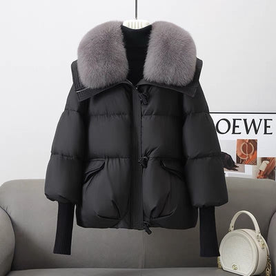 Abrigo Acolchado de Plumón con Cuello de Piel para Mujer - Chaqueta Corta Térmica Invierno - Image 8
