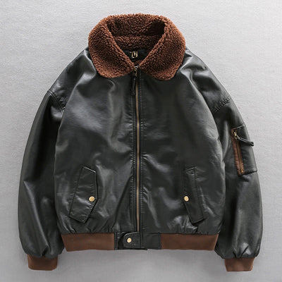 Chaqueta de Cuero Grueso Forrada en Polar para Hombre - Estilo Piloto Aviador