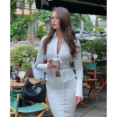 Conjunto Hot Girl: Blusa Anudada Manga Larga + Falda Cintura Alta con Abertura - Image 24