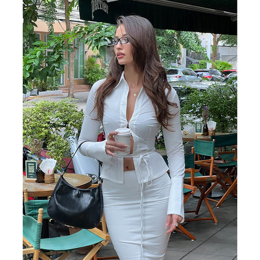 Conjunto Hot Girl: Blusa Anudada Manga Larga + Falda Cintura Alta con Abertura - Image 24