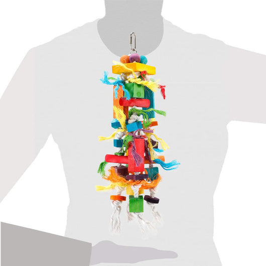 Colorful wooden and rope nibbling toy for parrots, featuring blocks, beads, and knotted ropes, next to a macaw. - Image 9