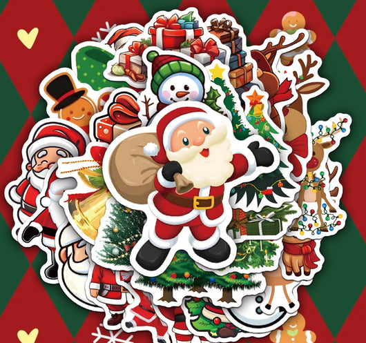 50-piece pack of cartoon Christmas waterproof stickers featuring Santa Claus, reindeer, snowmen, and gift boxes. - Image 8