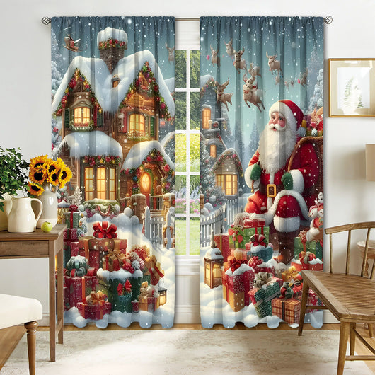 Christmas curtain with a snowy village scene, Santa Claus, flying reindeer, and piles of wrapped gifts. - Image 13