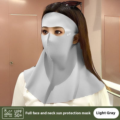 Light gray ice silk full face sun protection mask with neck coverage and ear hooks, offering UPF 50+ UV protection. - Image 8