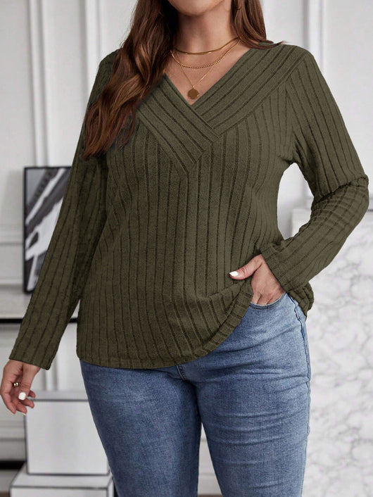 Suéter Tipo Polera Plus Size Cuello V Cruzado Manga Larga Textura Acanalada - Image 13