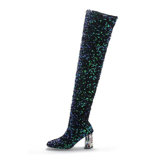 Botas Altas Elásticas con Tacón Grueso y Lentejuelas Bicolor para Mujer Talla Grande - Image 15